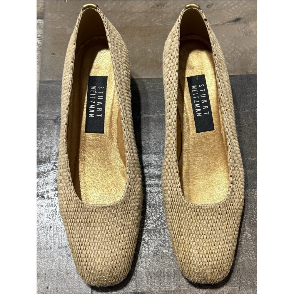 Stuart Weitzman Beige Gold Woven Raffia Style Block Heel Pumps Size 7.5B - Picture 11 of 15